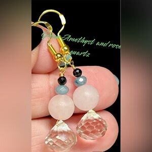 💚💖genuine green amethyst, Rose quartz and gold over sterling earrings-NWT